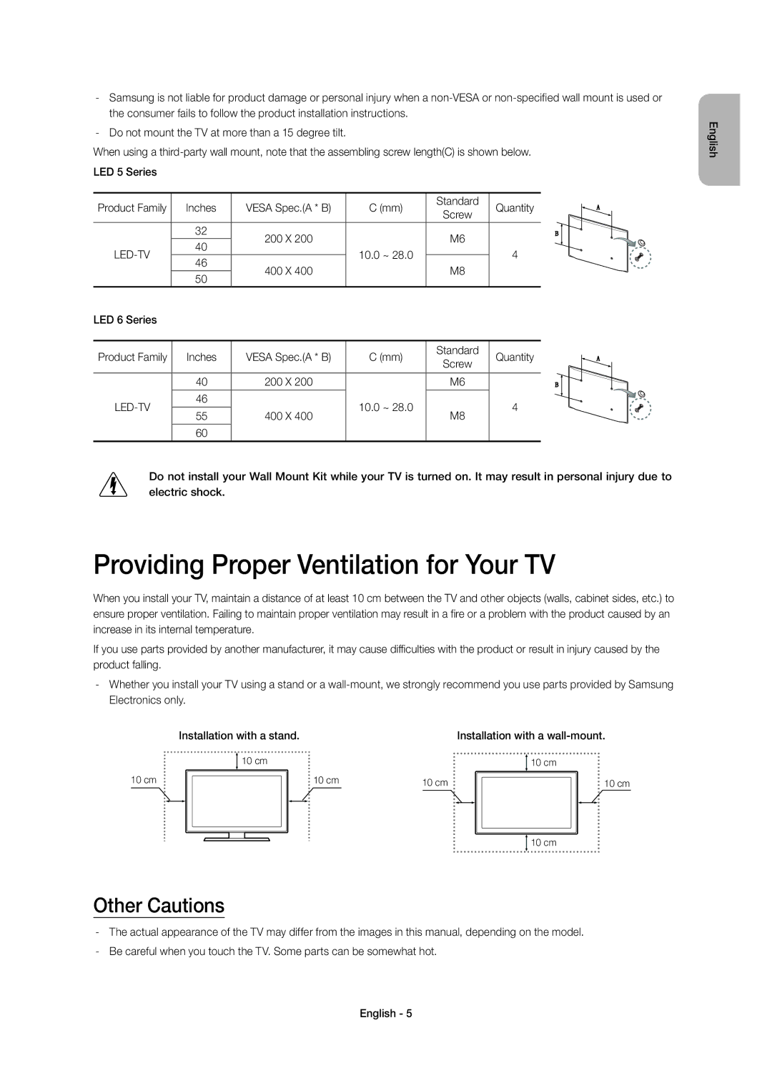 Samsung UE40H5303AWXZG, UE55H6273SSXZG, UE46H5373SSXZG manual Providing Proper Ventilation for Your TV, Other Cautions 