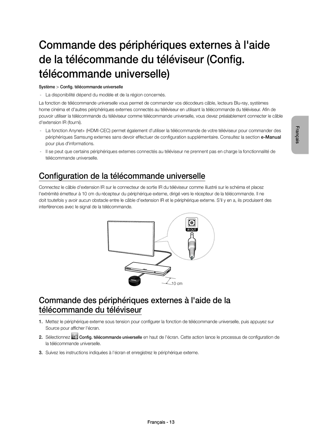 Samsung UE40H5303AWXZF, UE55H6273SSXZG, UE46H5373SSXZG, UE40H5303AWXTK manual Configuration de la télécommande universelle 