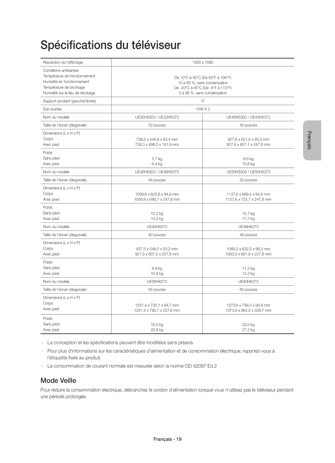 Samsung UE60H6273SSXZG, UE55H6273SSXZG, UE46H5373SSXZG, UE40H5303AWXTK manual Spécifications du téléviseur, Mode Veille 