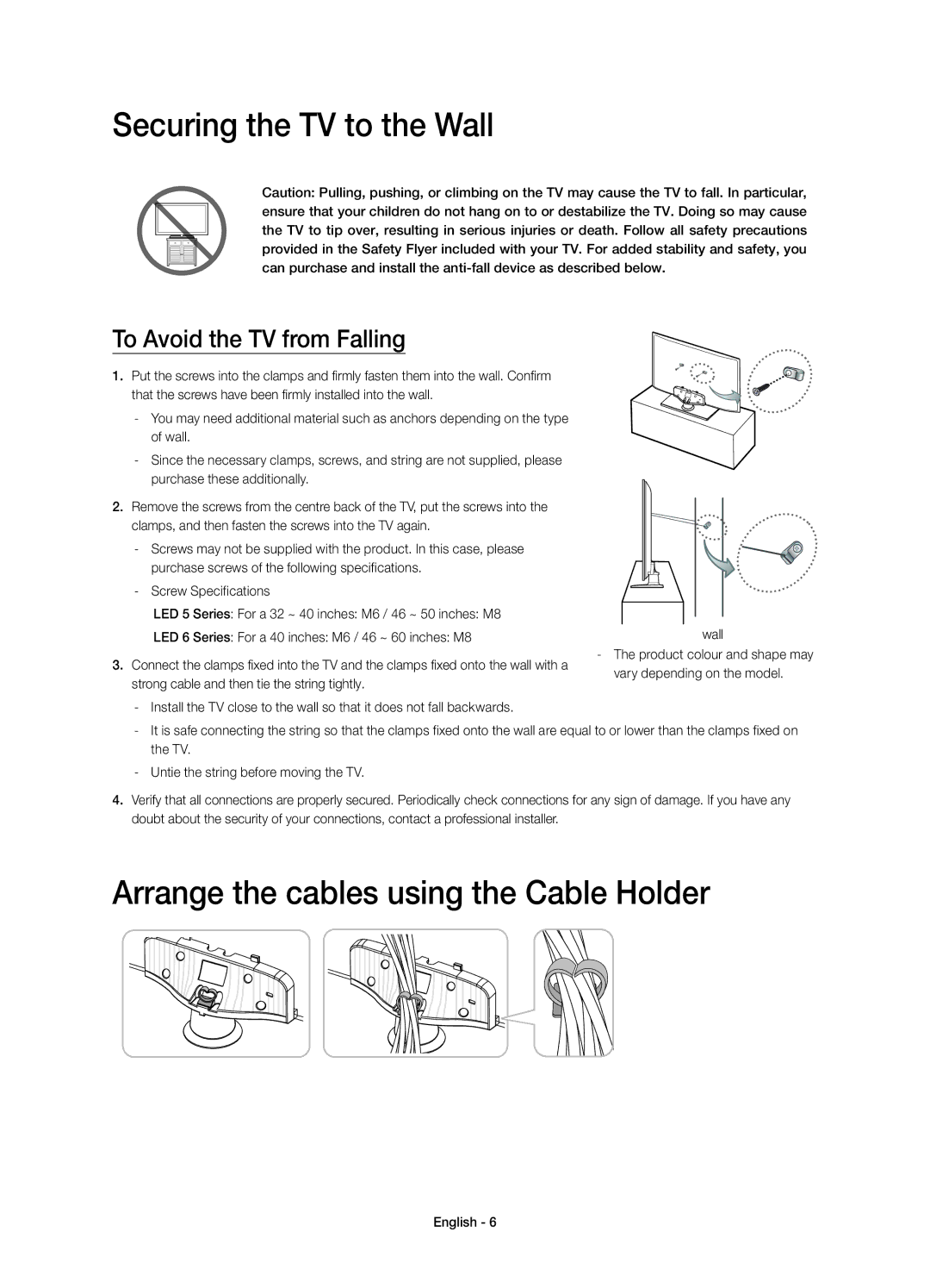 Samsung UE32H5373SSXZG, UE55H6273SSXZG manual Securing the TV to the Wall, Arrange the cables using the Cable Holder 