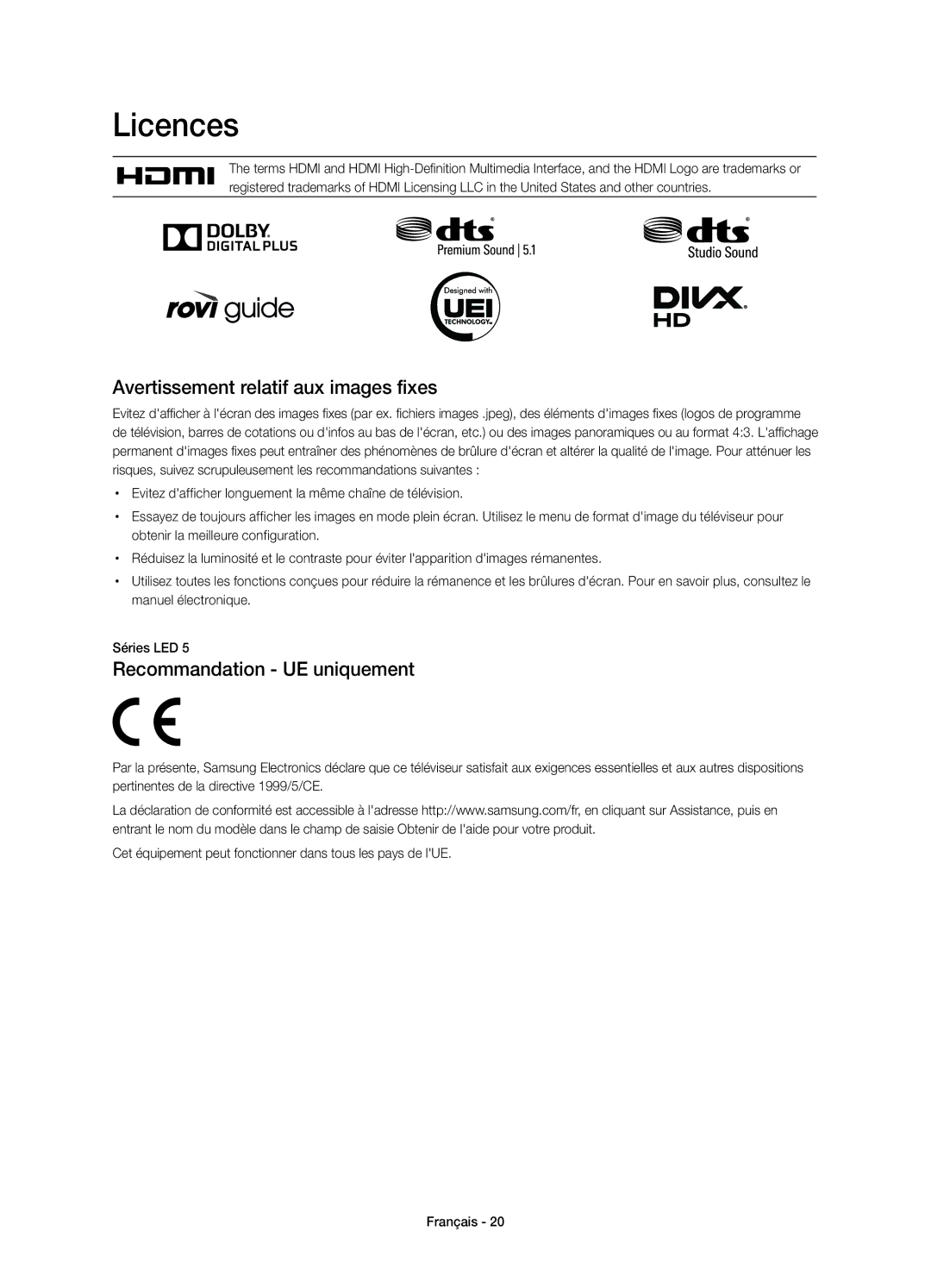 Samsung UE40H5373SSXZG, UE55H6273SSXZG, UE46H5373SSXZG Avertissement relatif aux images fixes, Recommandation UE uniquement 