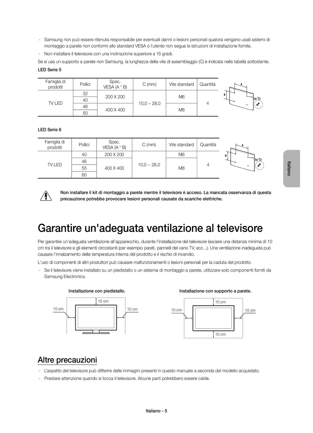 Samsung UE46H6273SSXZG, UE55H6273SSXZG manual Garantire unadeguata ventilazione al televisore, Altre precauzioni, Prodotti 