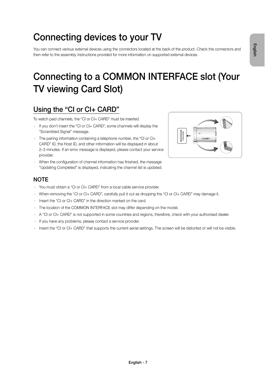 Samsung UE40H6273SSXZG, UE55H6273SSXZG, UE46H5373SSXZG manual Connecting devices to your TV, Using the CI or CI+ Card 