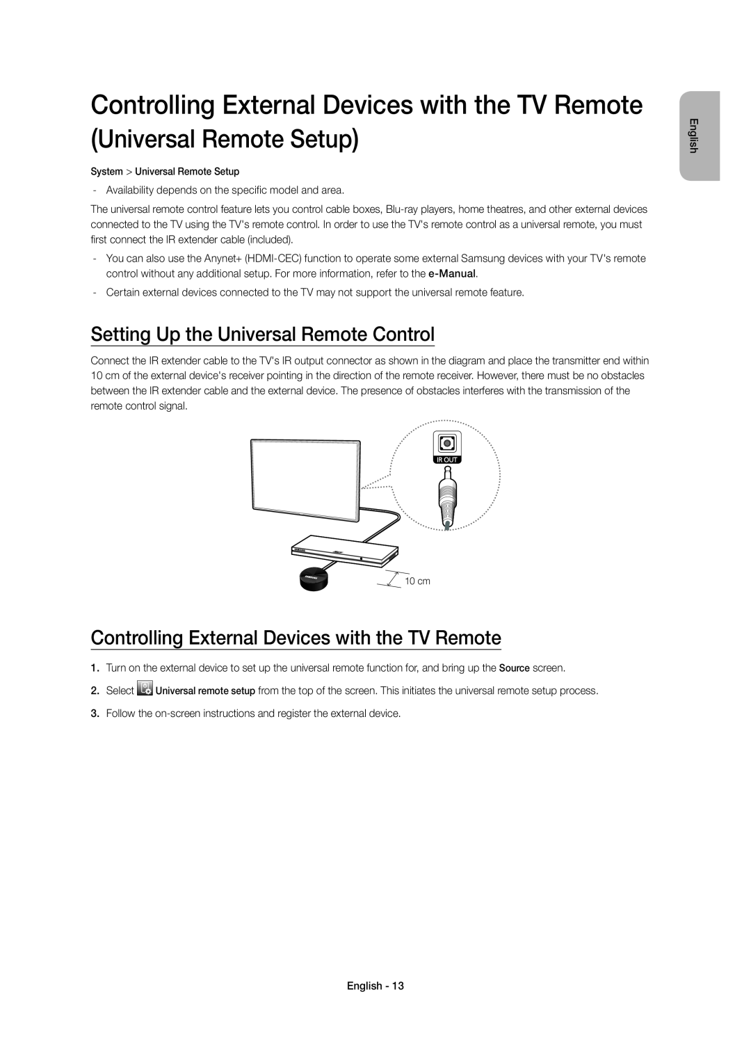 Samsung UE40H5303AWXXN manual Setting Up the Universal Remote Control, Controlling External Devices with the TV Remote 