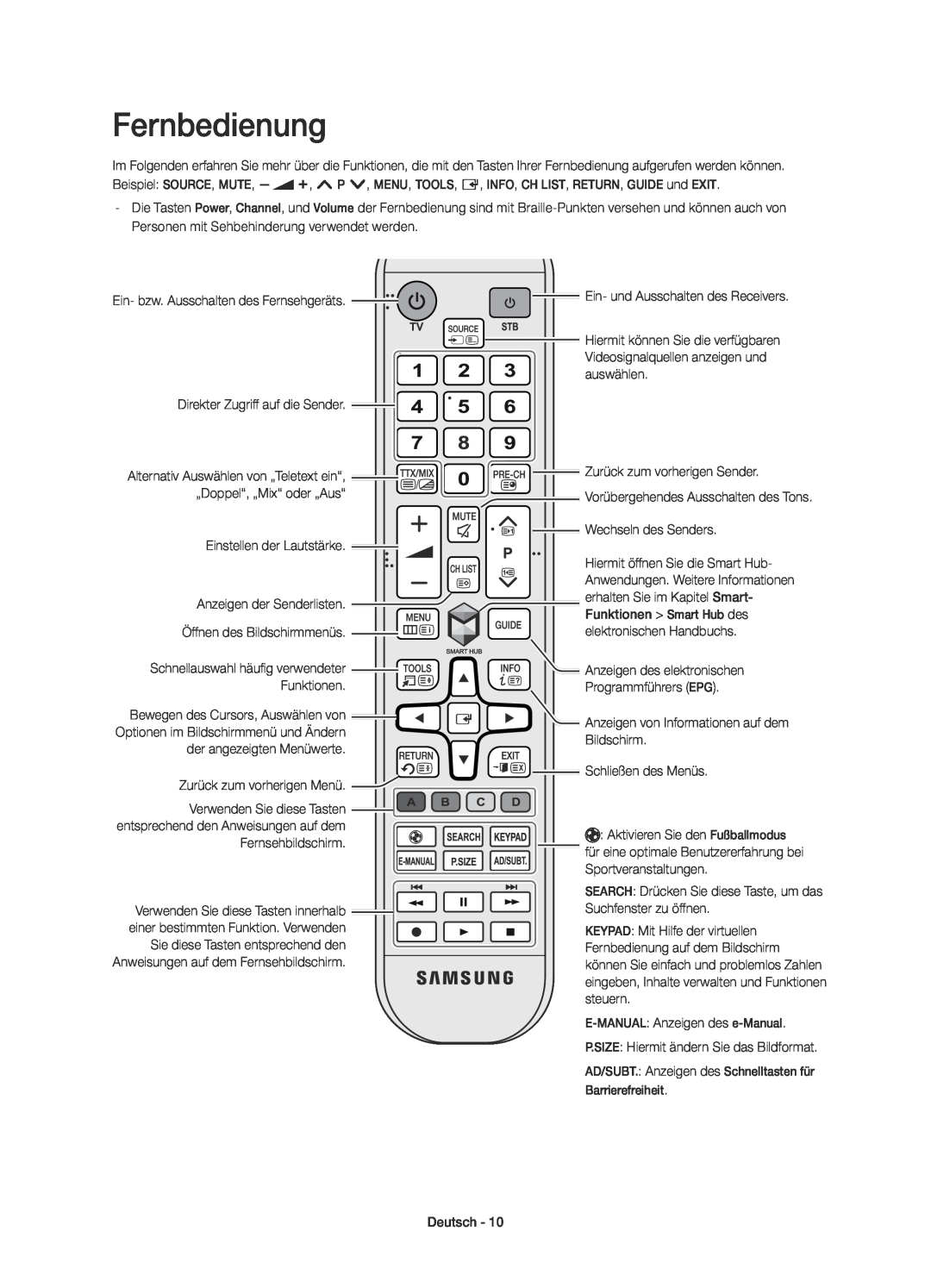 Samsung UE40H5303AWXTK manual Fernbedienung, Ein- und Ausschalten des Receivers, Bewegen des Cursors, Auswählen von 