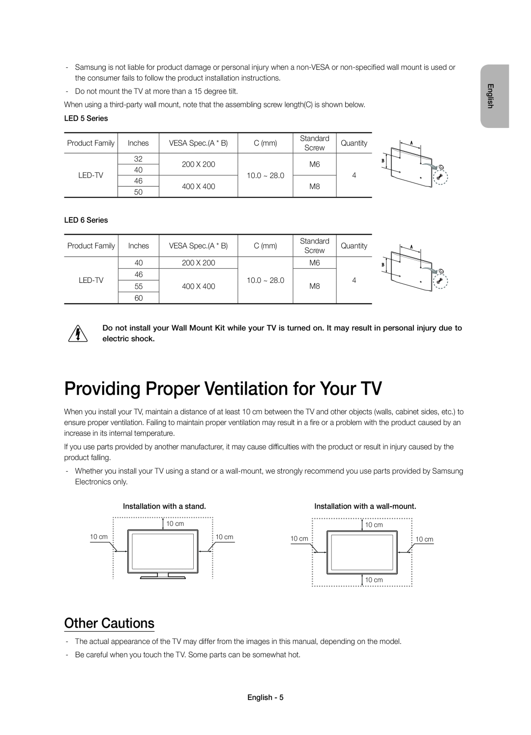 Samsung UE40H5303AWXZG, UE55H6273SSXZG, UE46H5373SSXZG manual Providing Proper Ventilation for Your TV, Other Cautions 