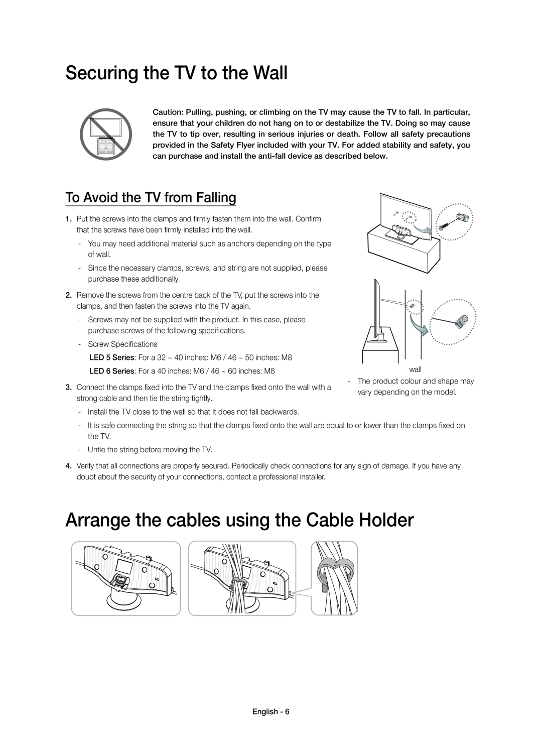 Samsung UE32H5373SSXZG, UE55H6273SSXZG manual Securing the TV to the Wall, Arrange the cables using the Cable Holder 