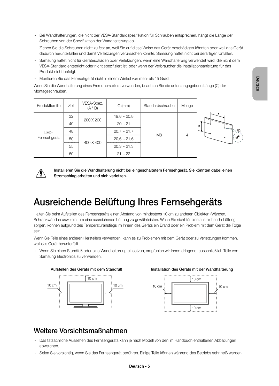 Samsung UE60H6270SSXZG manual Ausreichende Belüftung Ihres Fernsehgeräts, Weitere Vorsichtsmaßnahmen, Menge, 19,8 ~ 20,8 