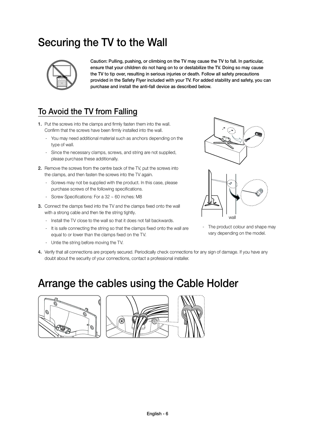 Samsung UE48H6260SUXZG, UE55H6290SSXZG manual Securing the TV to the Wall, Arrange the cables using the Cable Holder 