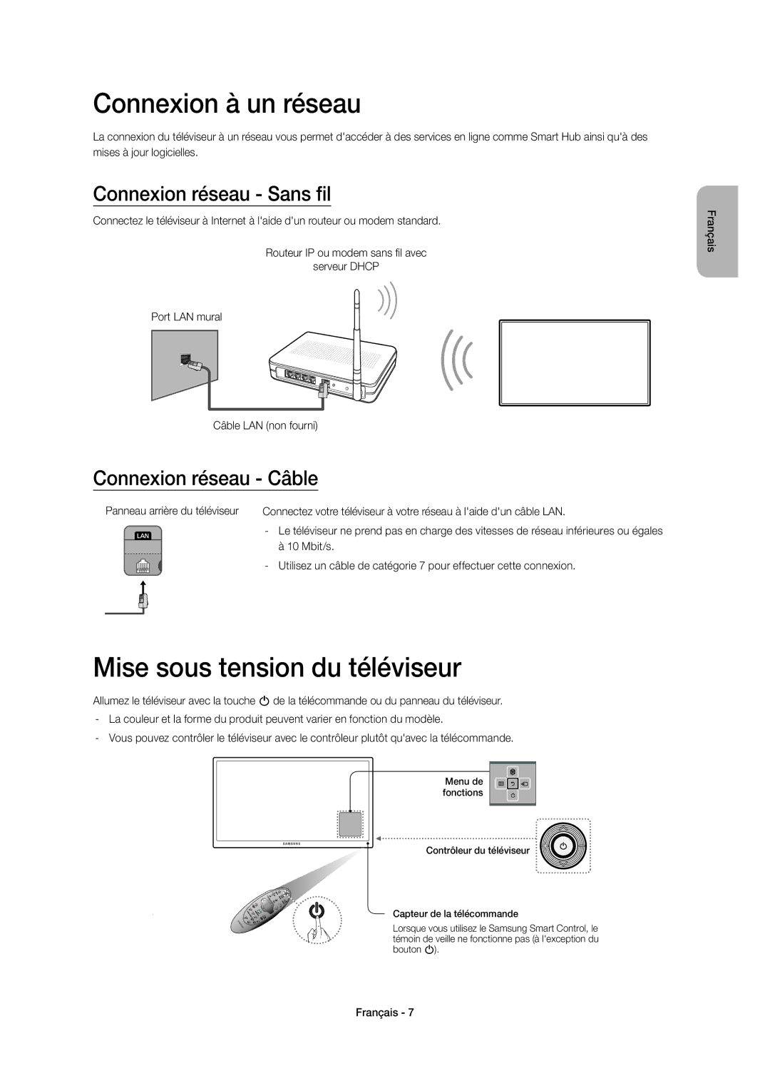 Samsung UE65H6400AWXZF manual Connexion à un réseau, Mise sous tension du téléviseur, Connexion réseau Sans fil, Mbit/s 