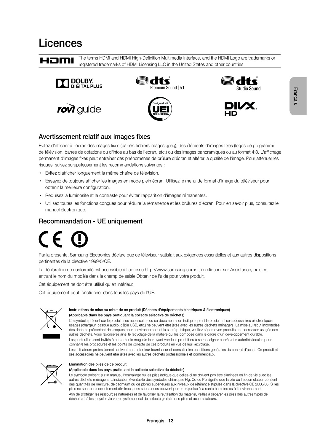 Samsung UE50H6400AWXZF, UE55H6400AWXZF, UE32H6400AWXZF Avertissement relatif aux images fixes, Recommandation UE uniquement 