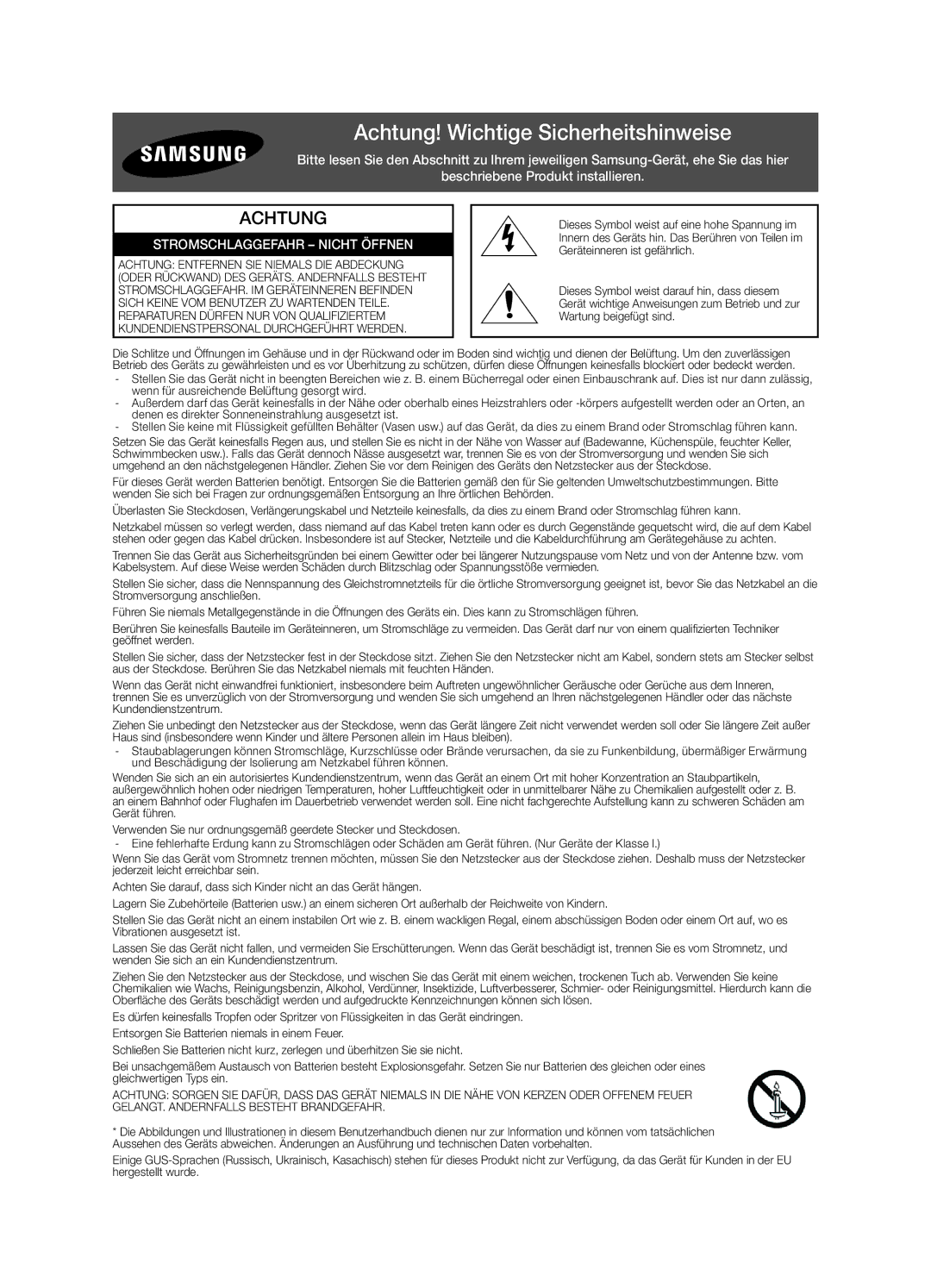 Samsung UE65H6400AWXZF, UE55H6400AWXZF, UE32H6400AWXZF, UE48H6400AWXZF, UE75H6400AWXZF Achtung! Wichtige Sicherheitshinweise 