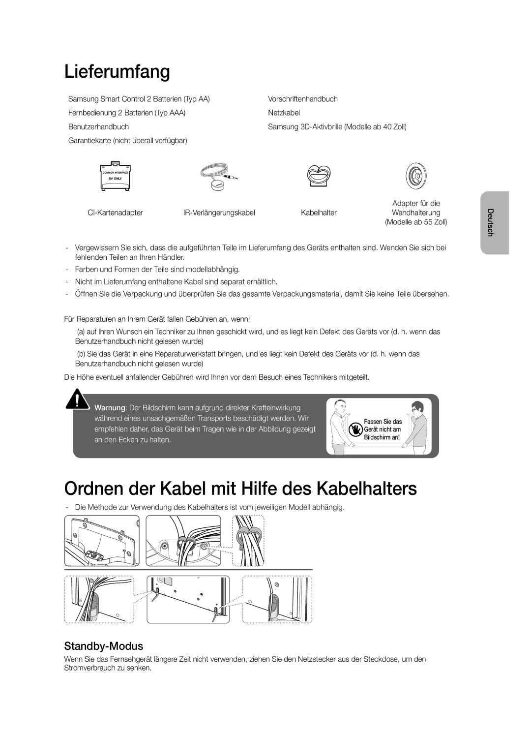 Samsung UE40H6400AWXZF, UE55H6400AWXZF manual Lieferumfang, Ordnen der Kabel mit Hilfe des Kabelhalters, Standby-Modus 