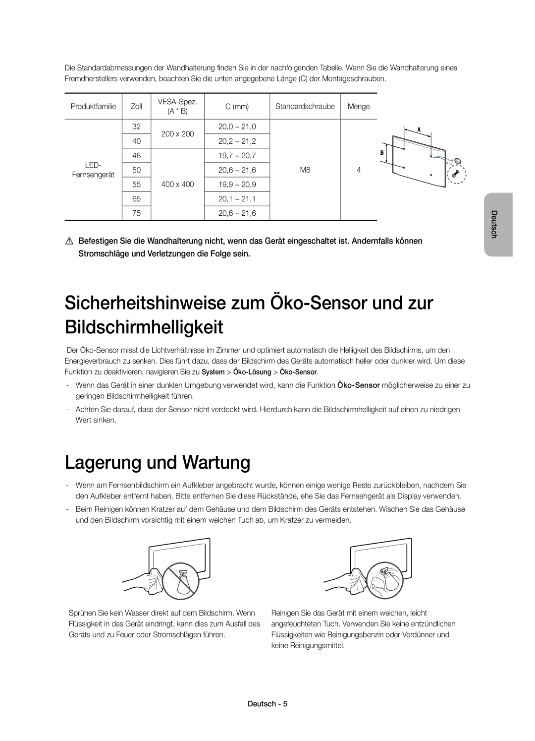 Samsung UE32H6400AWXZF, UE55H6400AWXZF, UE48H6400AWXZF manual Lagerung und Wartung, Produktfamilie Zoll VESA-Spez, Menge 