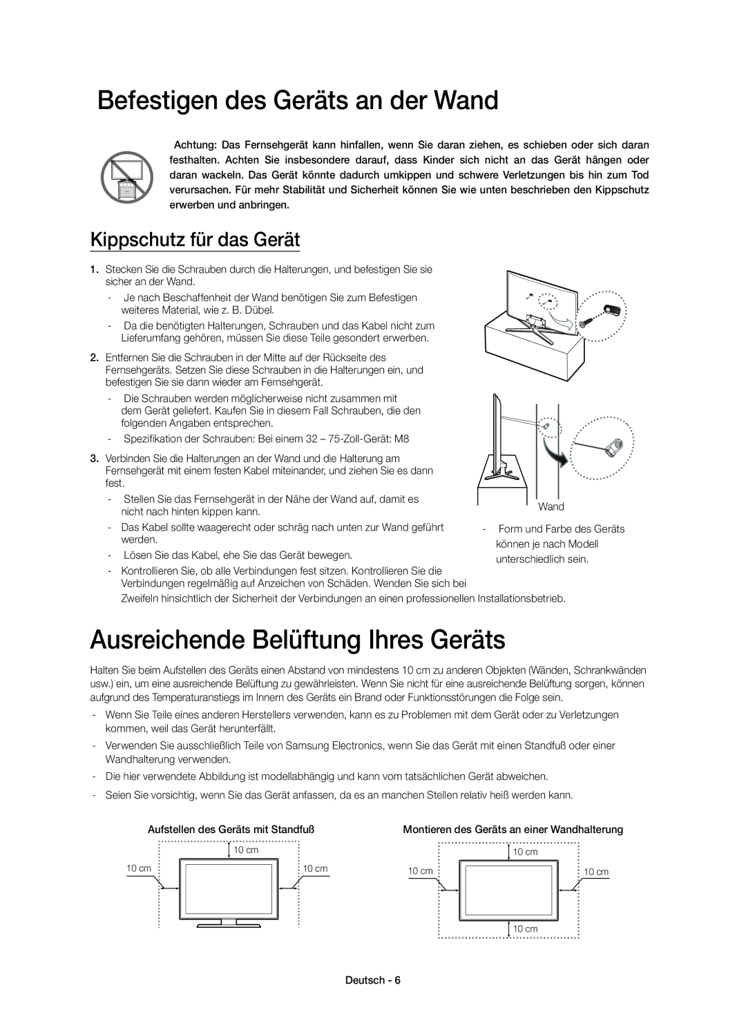 Samsung UE48H6400AWXZF Befestigen des Geräts an der Wand, Ausreichende Belüftung Ihres Geräts, Kippschutz für das Gerät 