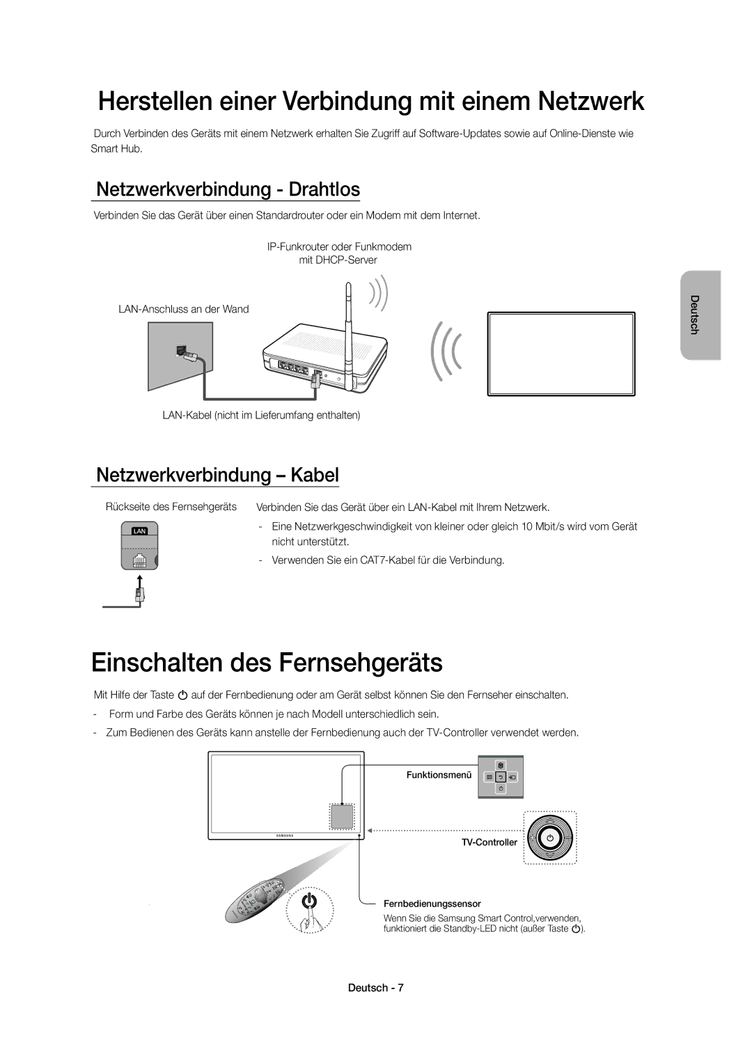 Samsung UE75H6400AWXZF, UE55H6400AWXZF manual Herstellen einer Verbindung mit einem Netzwerk, Einschalten des Fernsehgeräts 