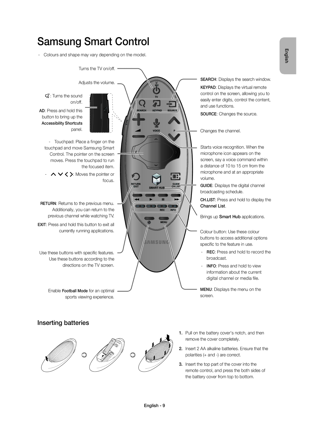 Samsung UE48H6400AWXZF, UE55H6400AWXZF manual Samsung Smart Control, Inserting batteries, Search Displays the search window 