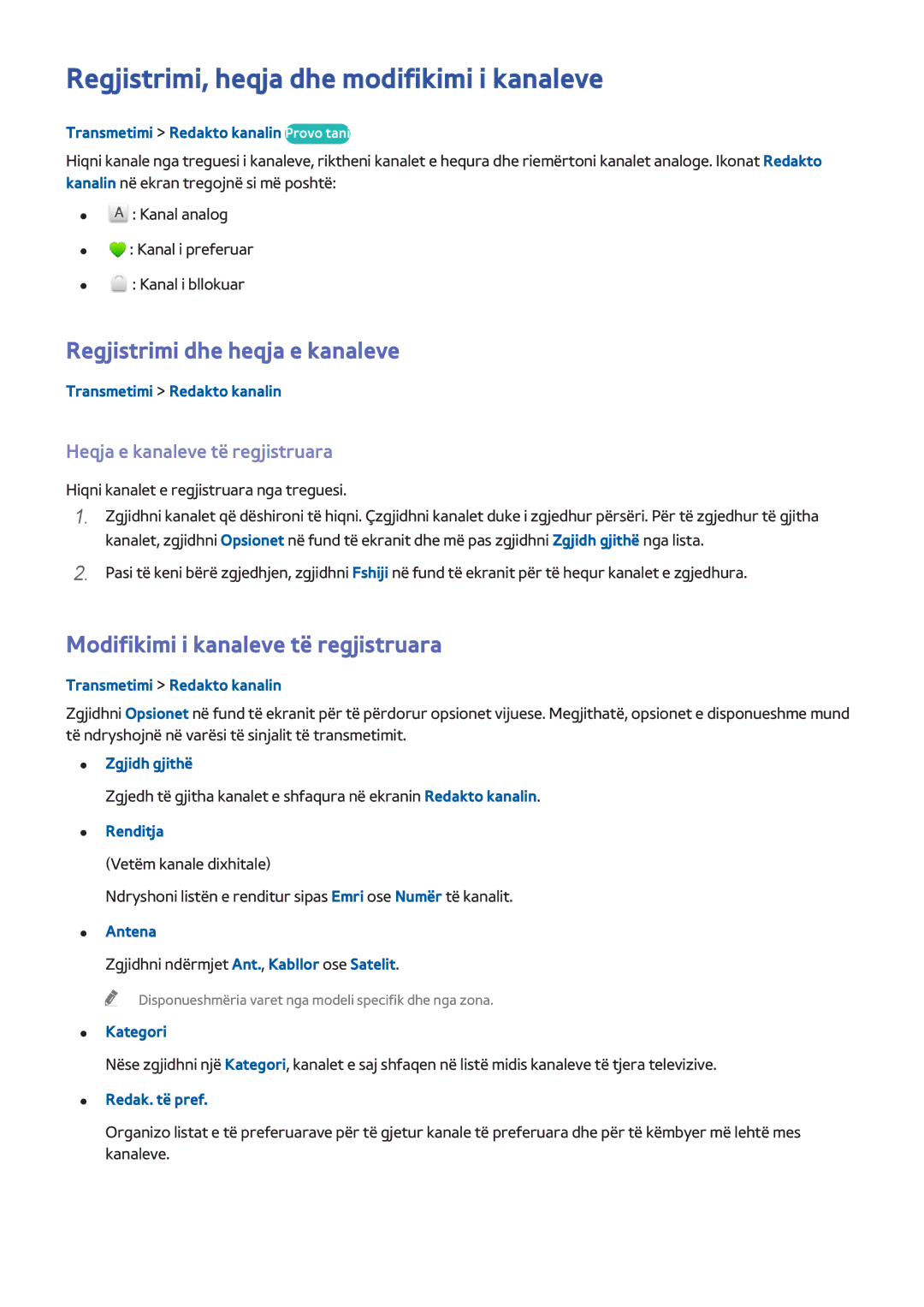 Samsung UE32H4510AWXXH, UE55H6410SSXXH manual Regjistrimi, heqja dhe modifikimi i kanaleve, Regjistrimi dhe heqja e kanaleve 