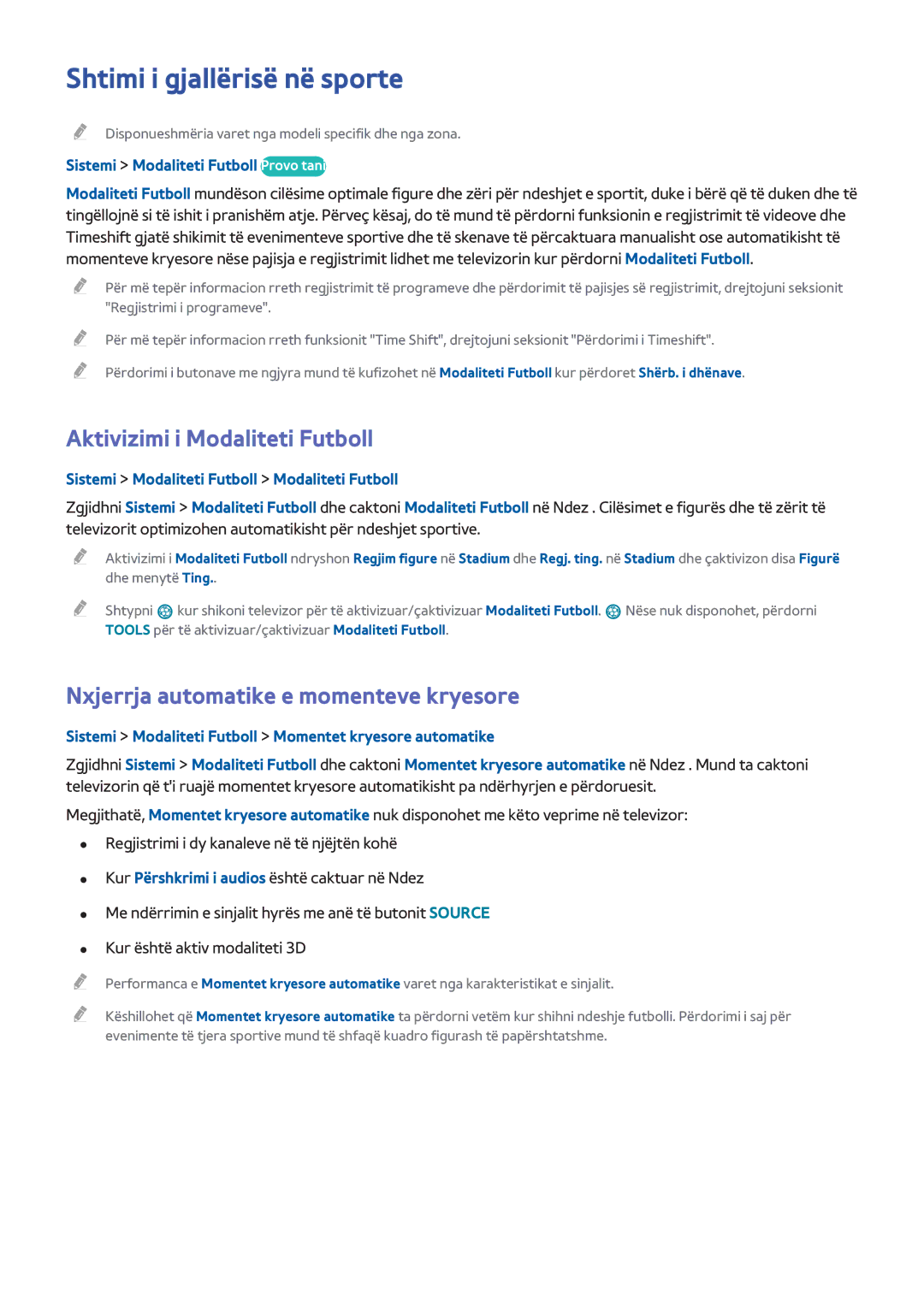 Samsung UE48H5500AWXXH, UE55H6410SSXXH, UE48H6200AWXXH manual Shtimi i gjallërisë në sporte, Aktivizimi i Modaliteti Futboll 