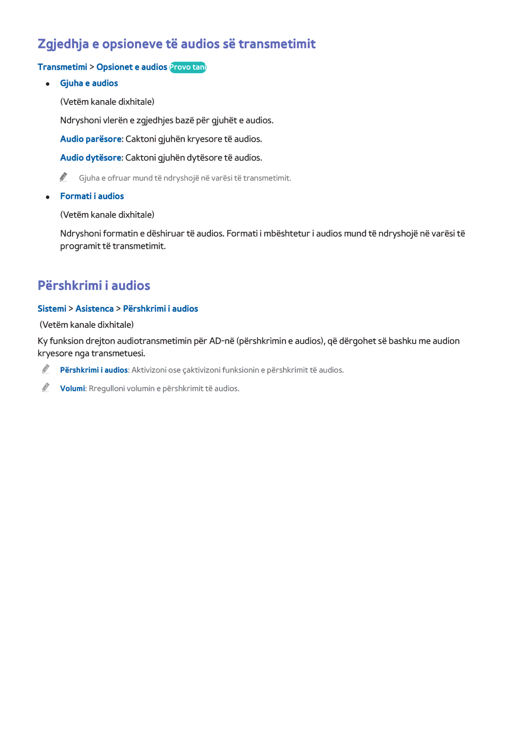 Samsung UE48H6410SUXXH manual Zgjedhja e opsioneve të audios së transmetimit, Përshkrimi i audios, Formati i audios 