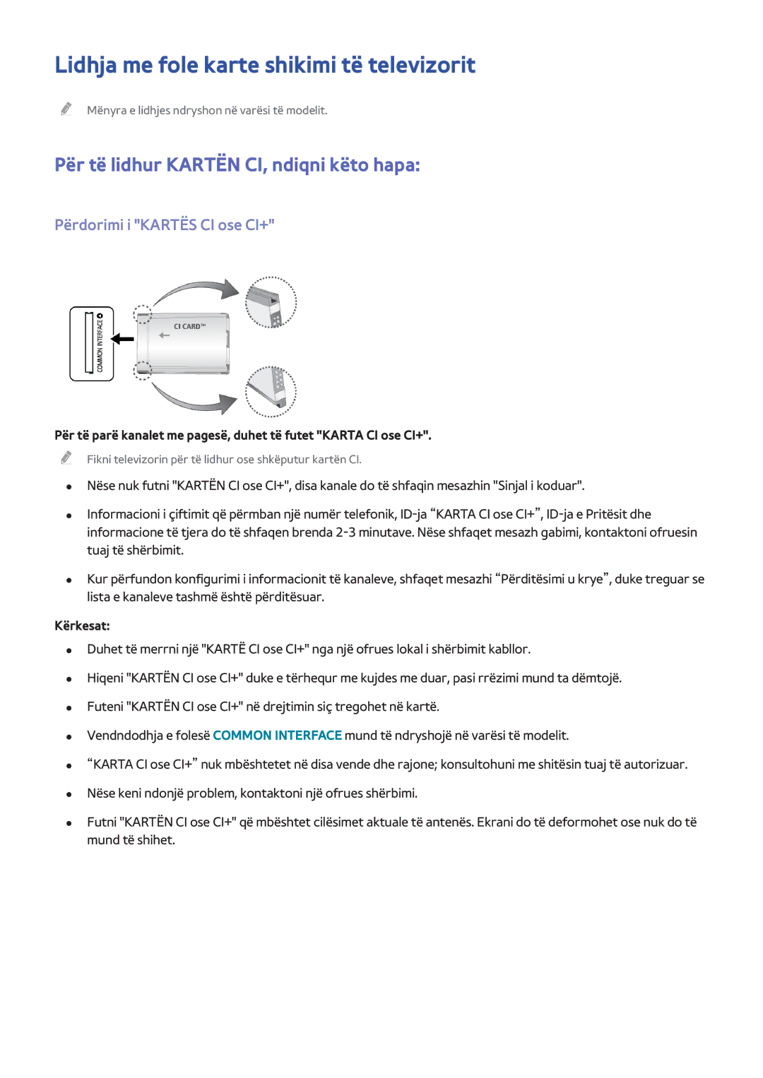 Samsung UE32H5500AWXXH manual Lidhja me fole karte shikimi të televizorit, Për të lidhur Kartën CI, ndiqni këto hapa 