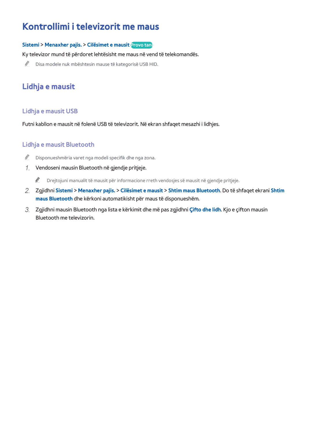 Samsung UE48H6400AKXXH manual Kontrollimi i televizorit me maus, Lidhja e mausit USB, Lidhja e mausit Bluetooth 