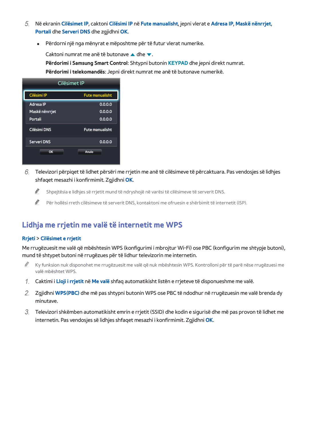 Samsung UE48H6200AWXXH, UE55H6410SSXXH, UE48H6670SLXXH, UE48H6800AWXXH manual Lidhja me rrjetin me valë të internetit me WPS 