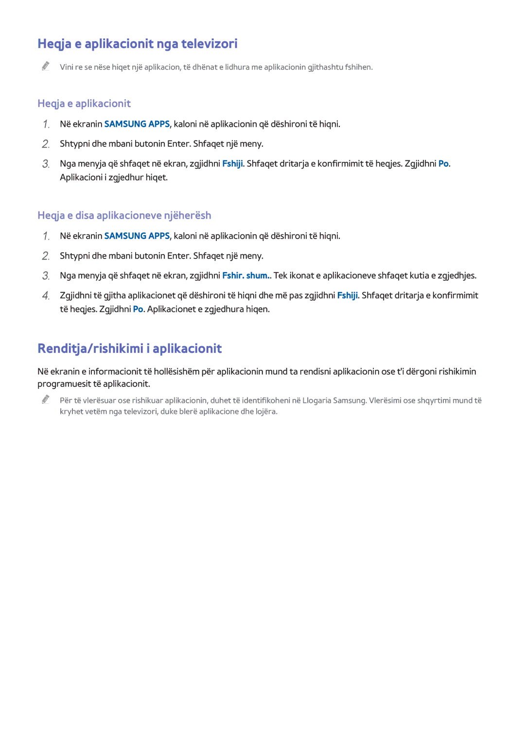 Samsung UE48H6470SSXXH, UE55H6410SSXXH manual Heqja e aplikacionit nga televizori, Renditja/rishikimi i aplikacionit 
