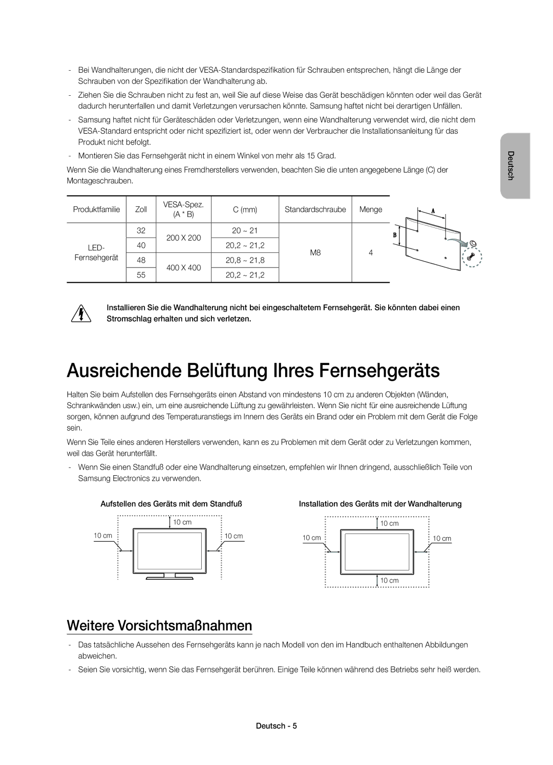 Samsung UE40H6410SSXZG, UE55H6410SSXXH manual Ausreichende Belüftung Ihres Fernsehgeräts, Weitere Vorsichtsmaßnahmen, Menge 