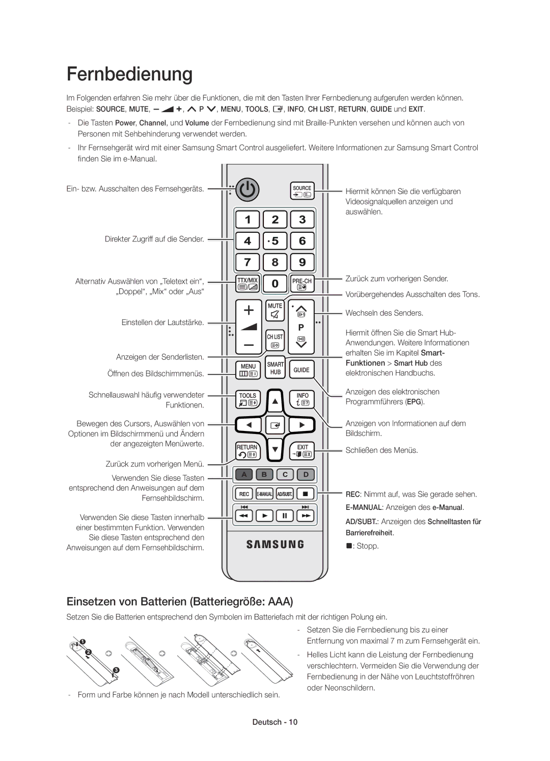 Samsung UE55H6410SSXZF, UE55H6410SSXXH, UE48H6410SSXZG manual Fernbedienung, Einsetzen von Batterien Batteriegröße AAA 