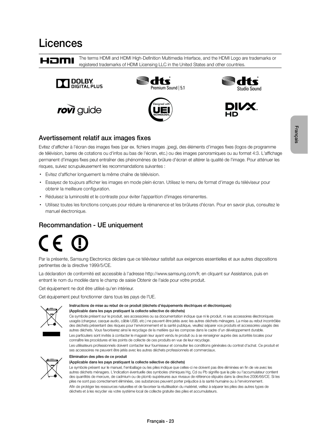 Samsung UE48H6410SSXZG manual Avertissement relatif aux images fixes, Recommandation UE uniquement, Manuel électronique 