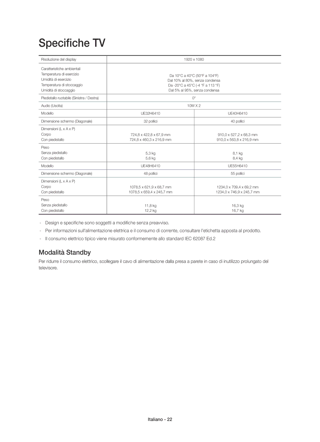 Samsung UE55H6410SSXXH, UE48H6410SSXZG, UE40H6410SSXXC, UE32H6410SSXZG, UE32H6410SSXXH manual Specifiche TV, Modalità Standby 