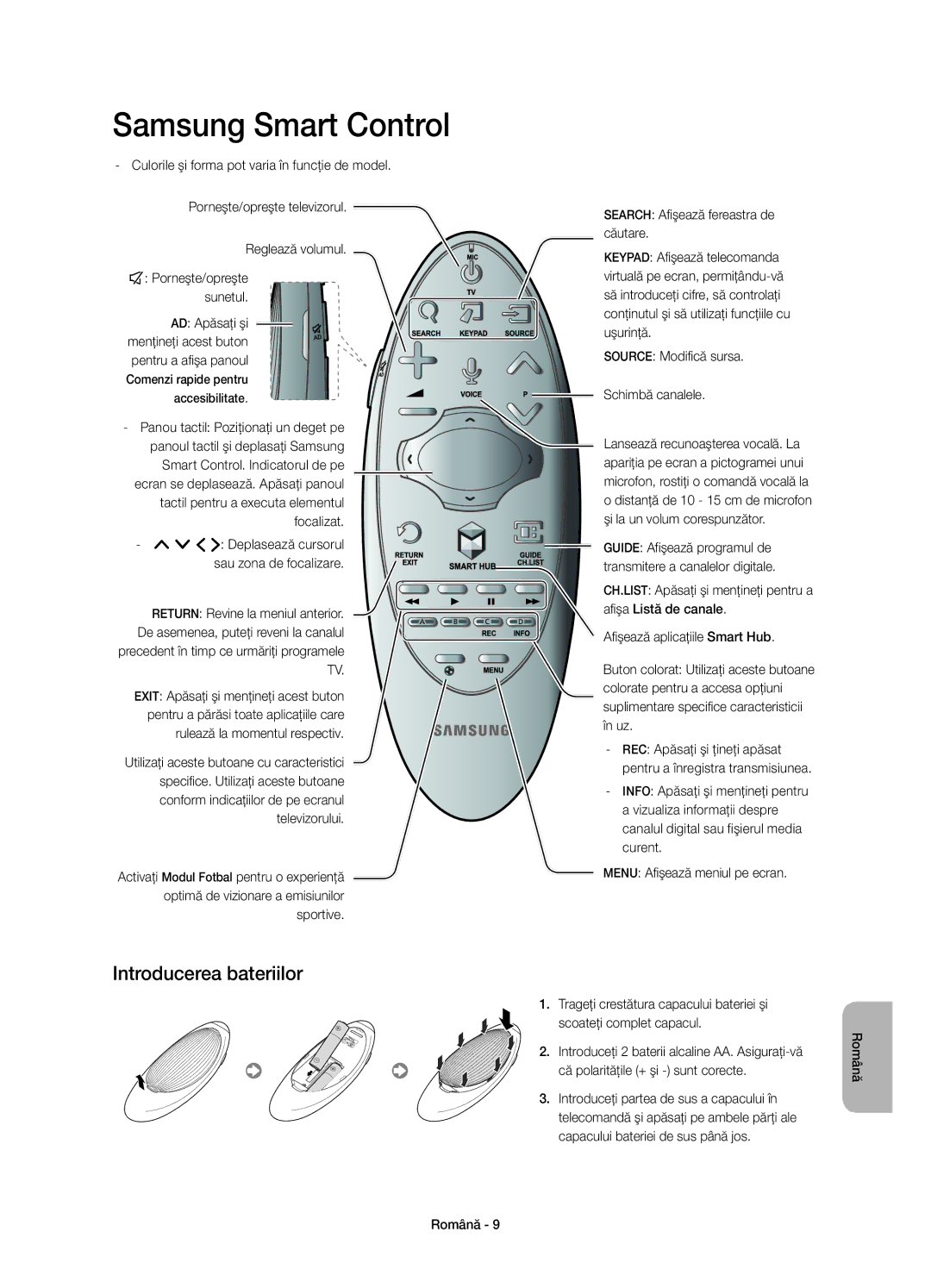 Samsung UE40H6410SSXXN, UE55H6410SSXXH, UE48H6410SSXZG, UE40H6410SSXXC manual Samsung Smart Control, Introducerea bateriilor 