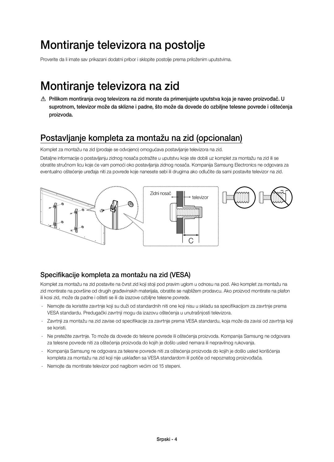 Samsung UE55H6410SSXXH manual Montiranje televizora na postolje, Postavljanje kompleta za montažu na zid opcionalan 