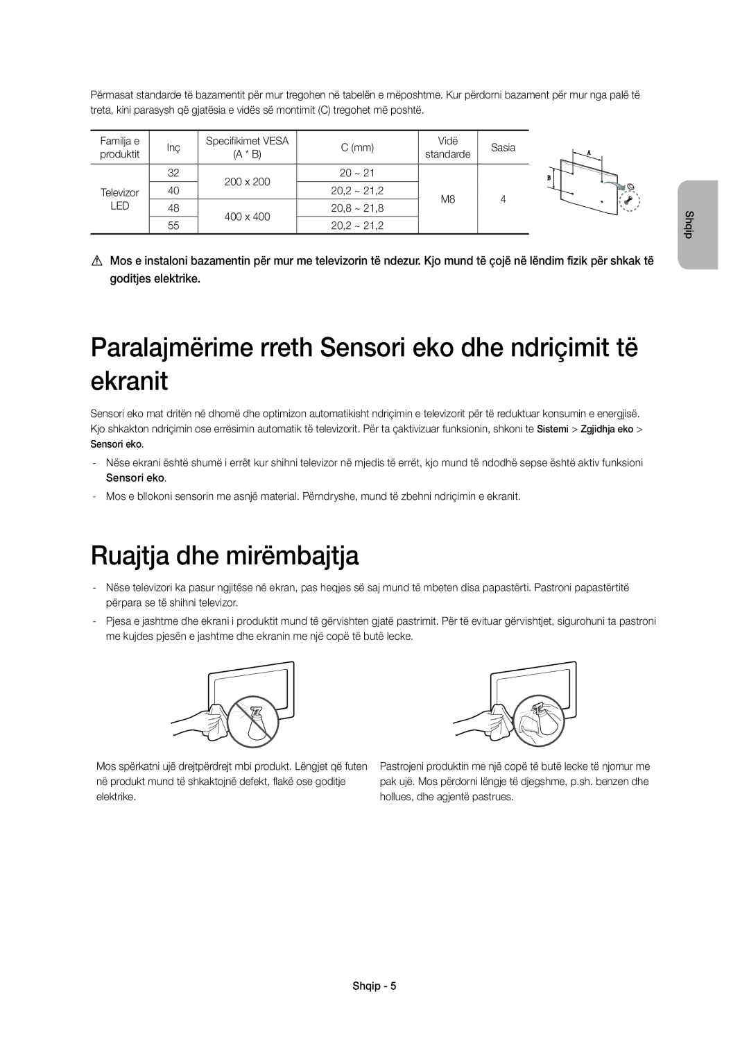 Samsung UE55H6410SSXXC manual Paralajmërime rreth Sensori eko dhe ndriçimit të ekranit, Ruajtja dhe mirëmbajtja, Inç 