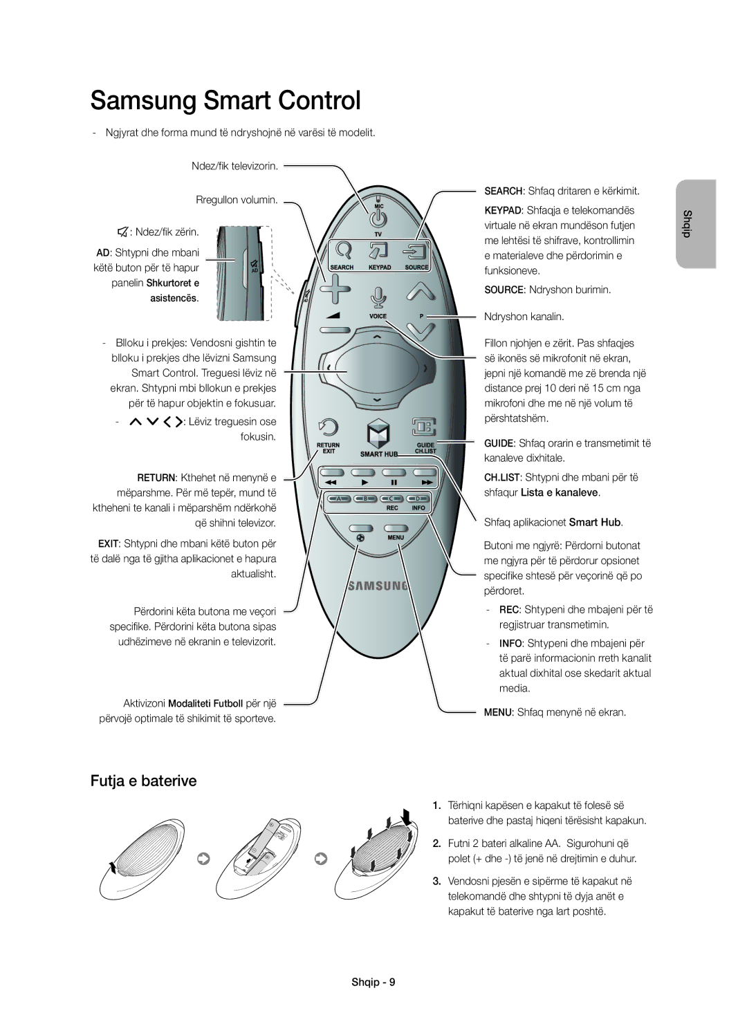 Samsung UE32H6410SUXXH manual Futja e baterive, Search Shfaq dritaren e kërkimit, Source Ndryshon burimin Ndryshon kanalin 