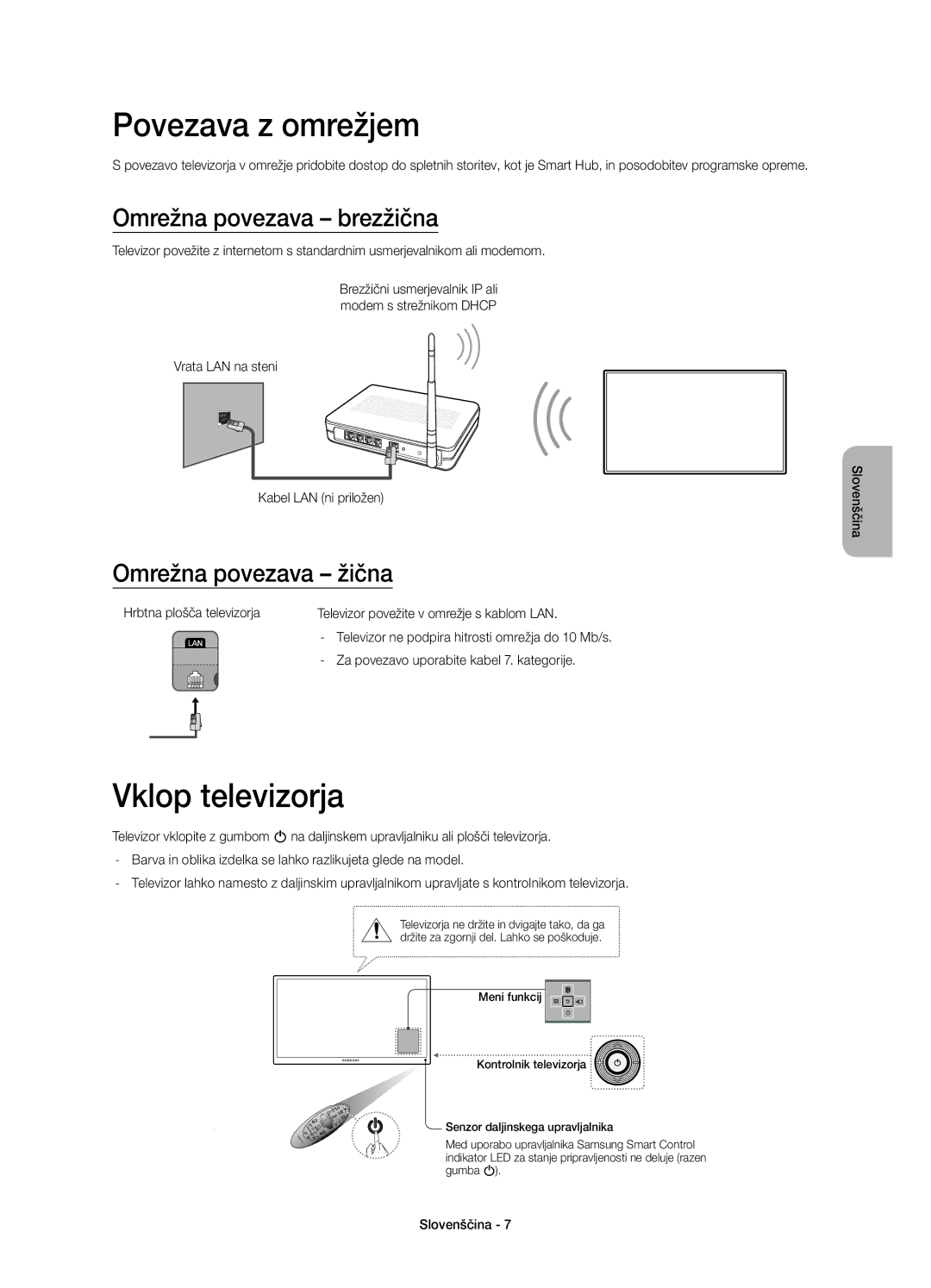 Samsung UE55H6410SSXZF manual Povezava z omrežjem, Vklop televizorja, Omrežna povezava brezžična, Omrežna povezava žična 