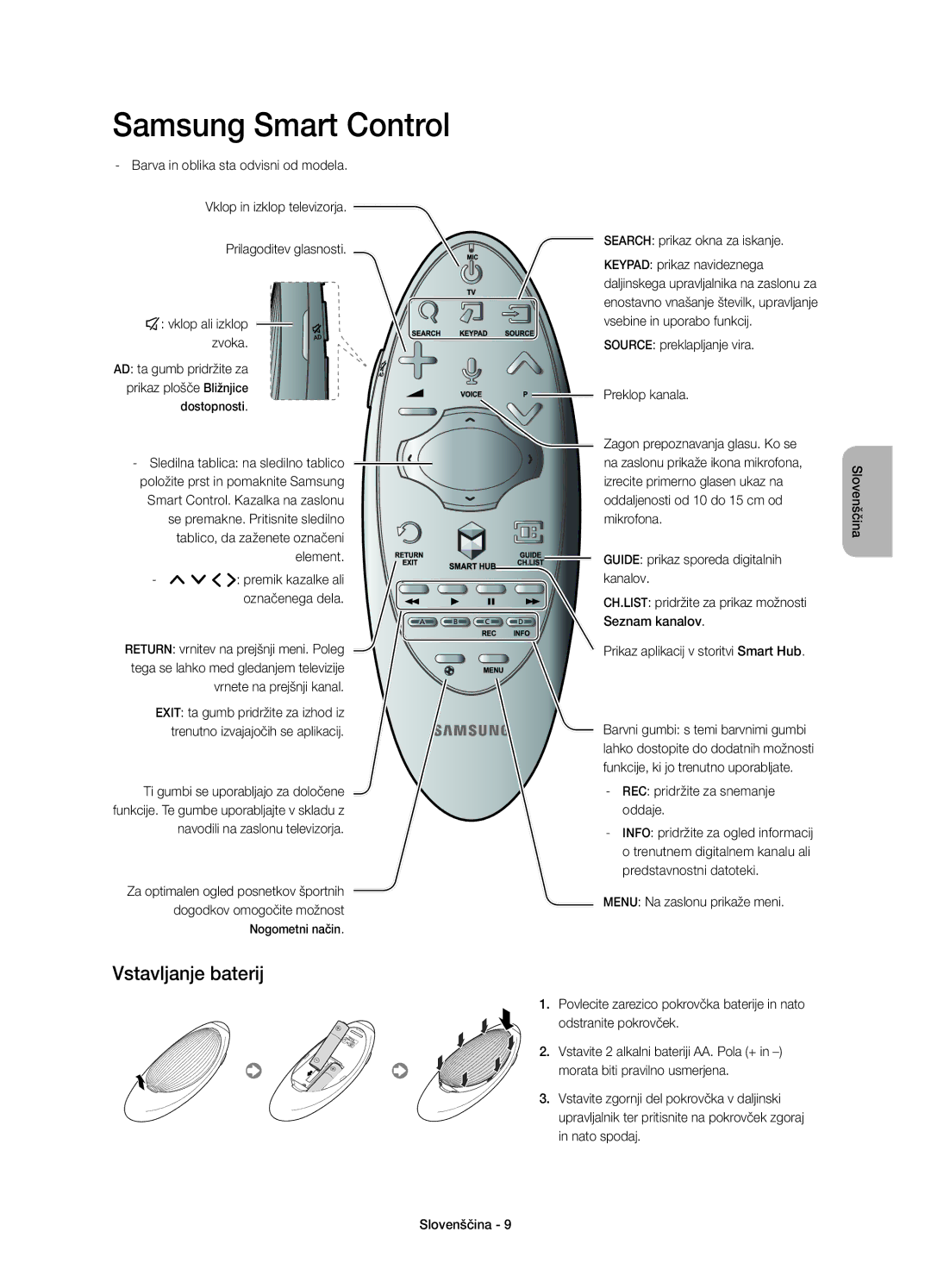 Samsung UE55H6410SSXXC manual Vstavljanje baterij, Search prikaz okna za iskanje, REC pridržite za snemanje oddaje 