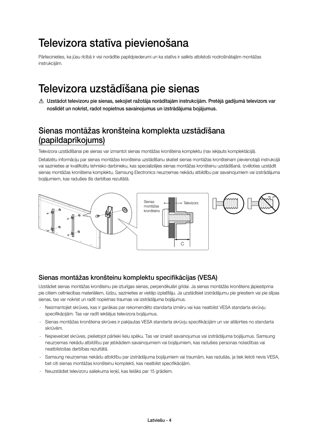 Samsung UE32H6410SSXXN, UE55H6410SSXXH, UE48H6410SSXZG Televizora statīva pievienošana, Televizora uzstādīšana pie sienas 