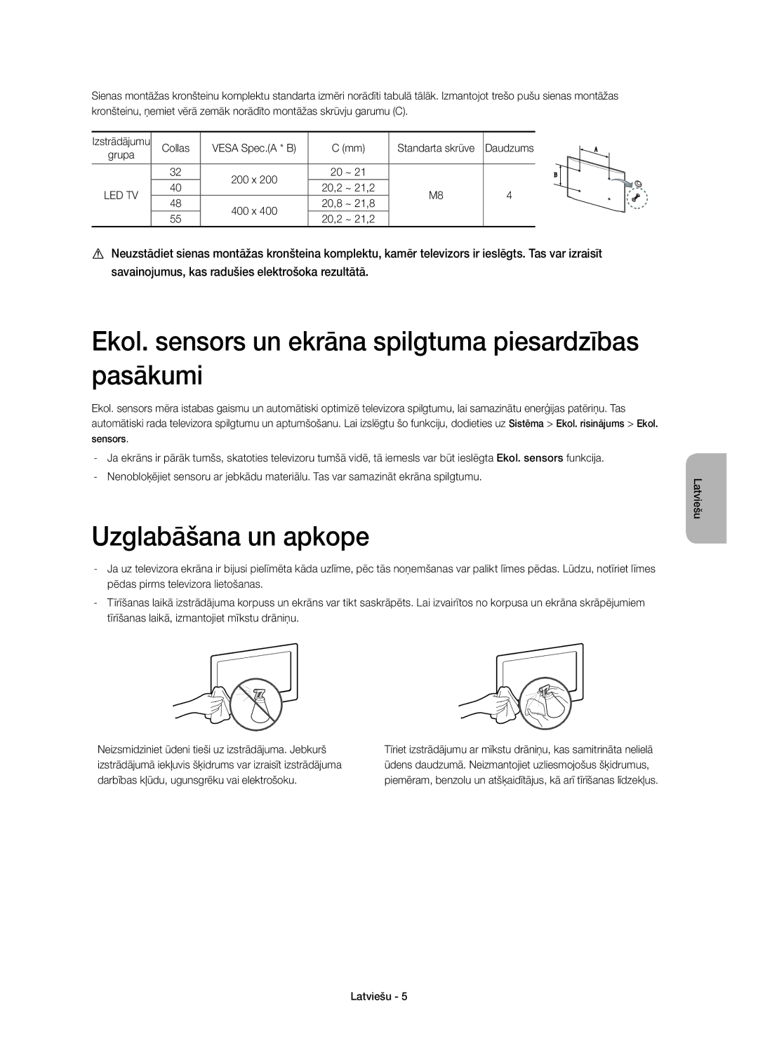 Samsung UE40H6410SSXXN manual Ekol. sensors un ekrāna spilgtuma piesardzības pasākumi, Uzglabāšana un apkope, Collas 