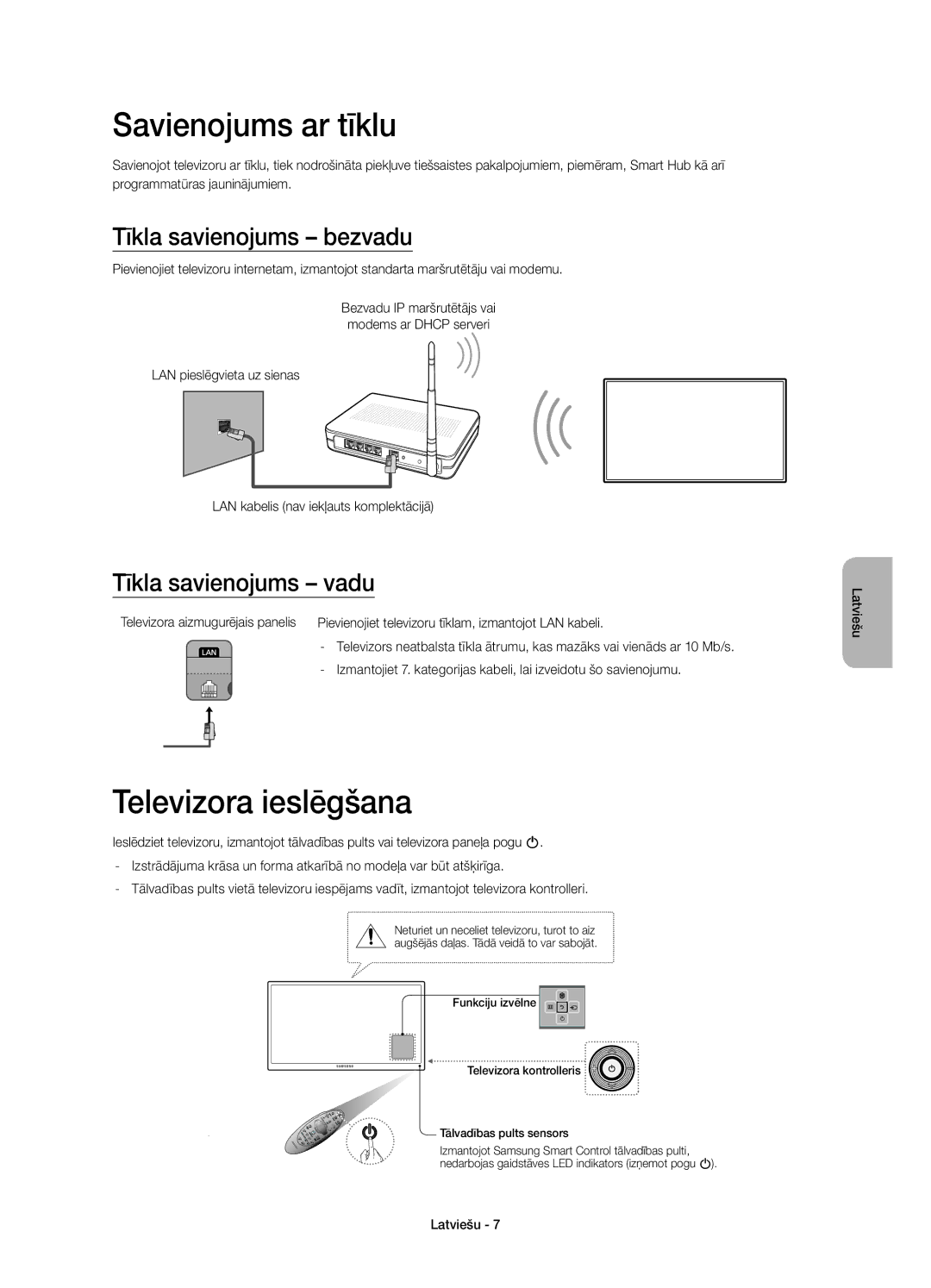 Samsung UE55H6410SSXXN Savienojums ar tīklu, Televizora ieslēgšana, Tīkla savienojums bezvadu, Tīkla savienojums vadu 