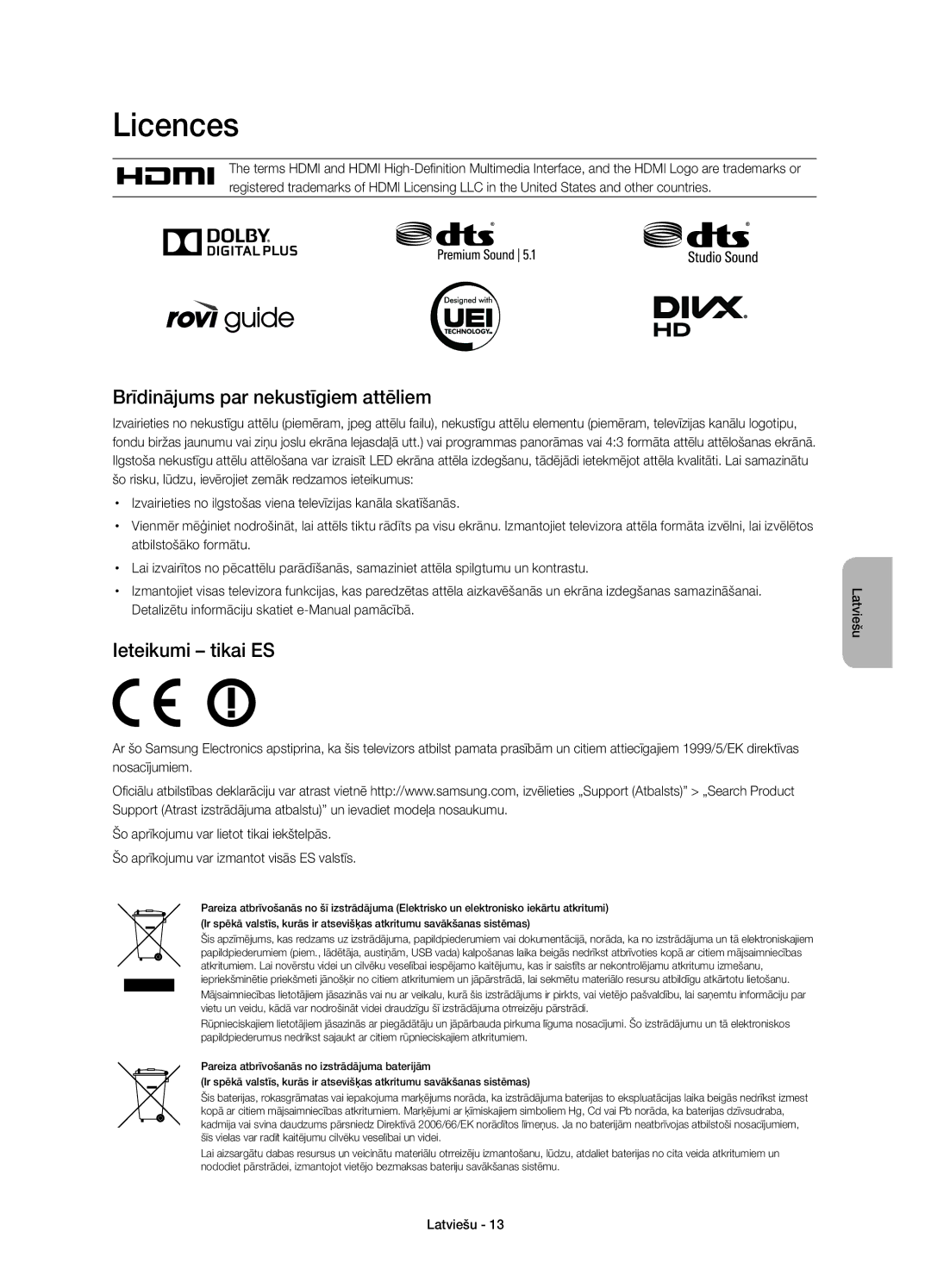 Samsung UE48H6410SSXZG, UE55H6410SSXXH manual Brīdinājums par nekustīgiem attēliem, Ieteikumi tikai ES, Atbilstošāko formātu 