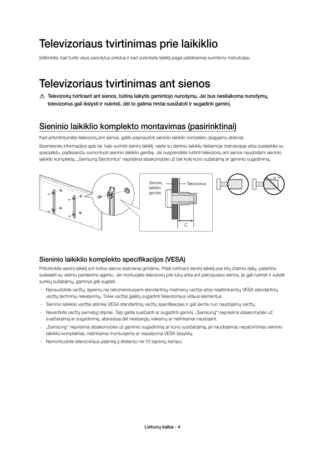 Samsung UE32H6410SSXXH, UE55H6410SSXXH manual Televizoriaus tvirtinimas prie laikiklio, Televizoriaus tvirtinimas ant sienos 