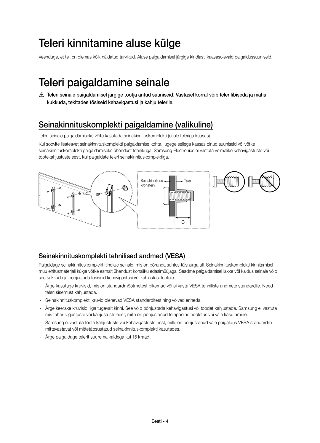 Samsung UE40H6410SUXXH, UE55H6410SSXXH, UE48H6410SSXZG manual Teleri kinnitamine aluse külge, Teleri paigaldamine seinale 