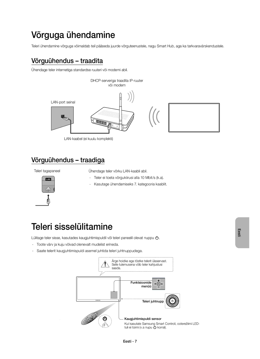 Samsung UE55H6410SUXXH manual Võrguga ühendamine, Teleri sisselülitamine, Võrguühendus traadita, Võrguühendus traadiga 