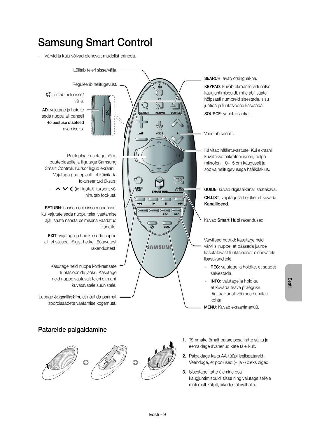 Samsung UE40H6410SSXXN manual Patareide paigaldamine, Search avab otsinguakna, Source vahetab allikat Vahetab kanalit 