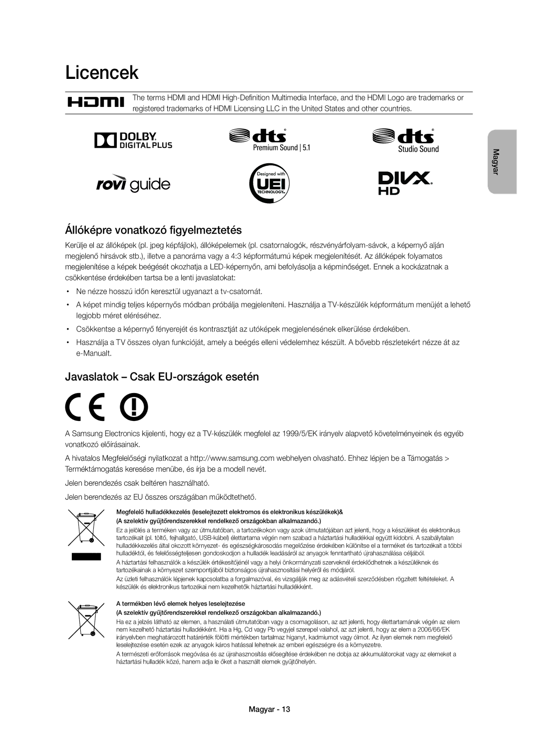 Samsung UE48H6410SUXXU, UE55H6410SSXXH Licencek, Állóképre vonatkozó figyelmeztetés, Javaslatok Csak EU-országok esetén 