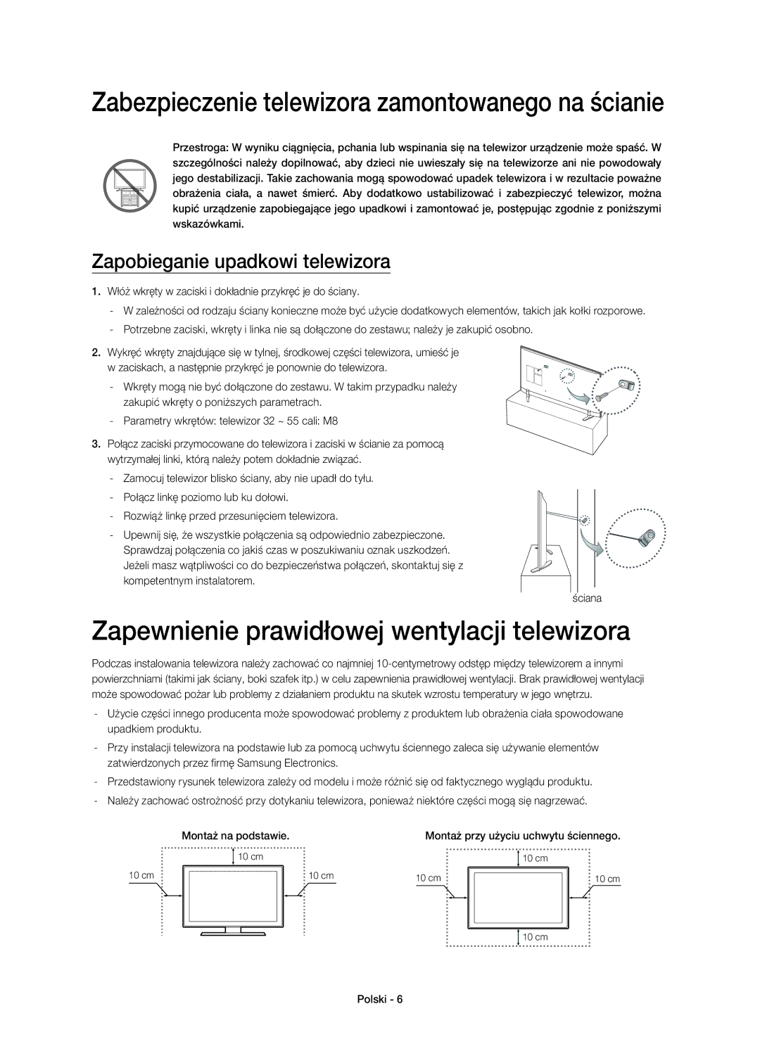 Samsung UE40H6410SSXXC, UE55H6410SSXXH Zapewnienie prawidłowej wentylacji telewizora, Zapobieganie upadkowi telewizora 