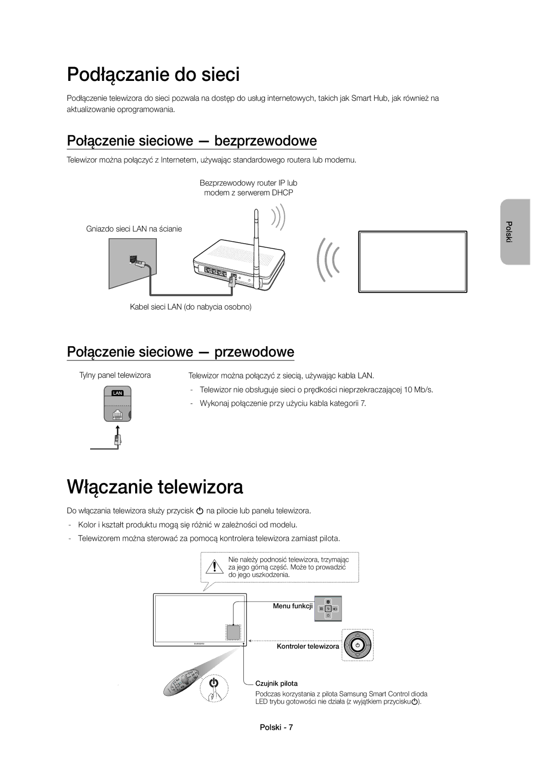 Samsung UE32H6410SSXZG, UE55H6410SSXXH manual Podłączanie do sieci, Włączanie telewizora, Połączenie sieciowe bezprzewodowe 