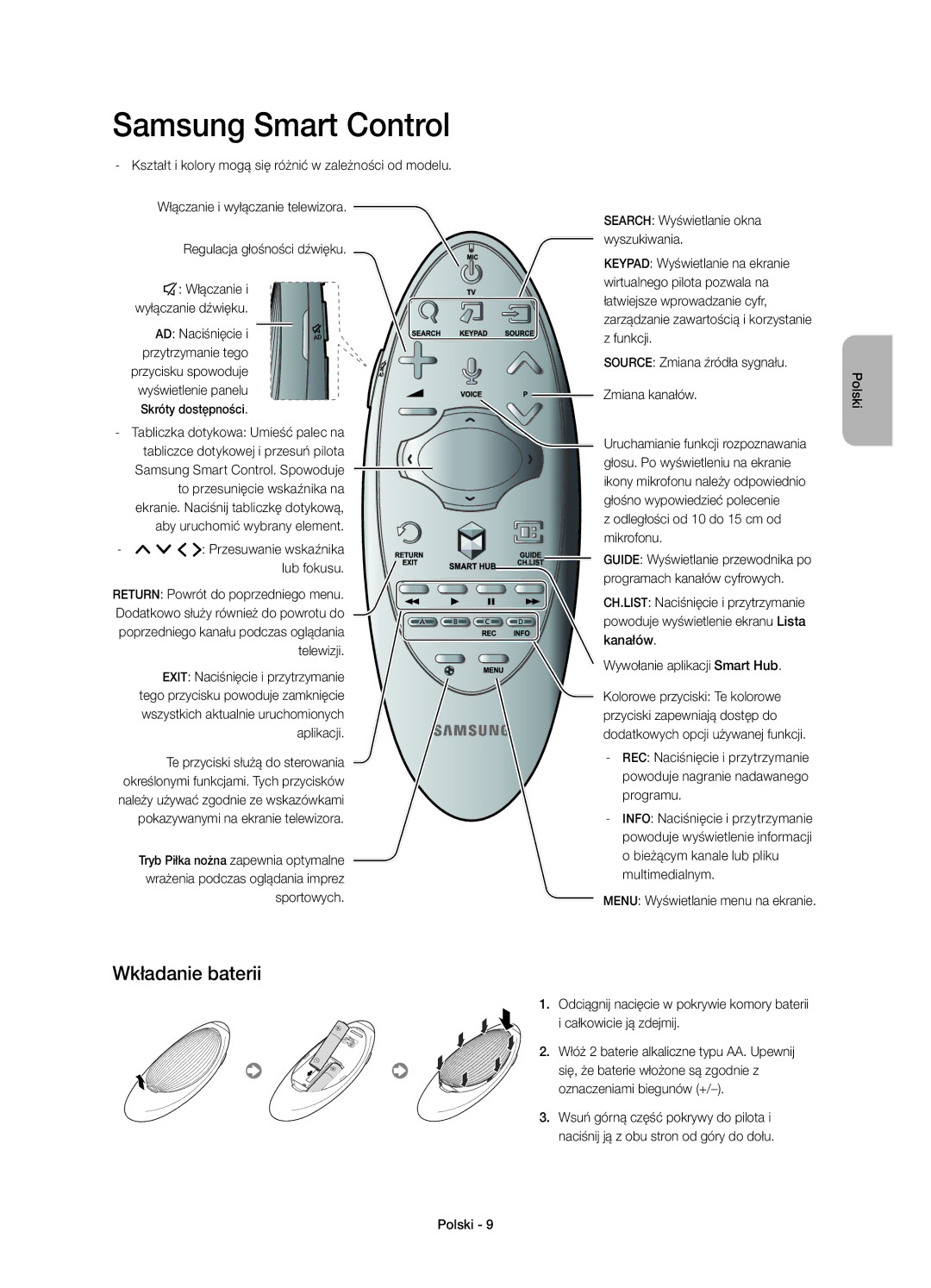 Samsung UE40H6410SSXZG manual Wkładanie baterii, Odległości od 10 do 15 cm od mikrofonu, Wywołanie aplikacji Smart Hub 